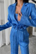 JAKARLI BLUZU TASARIM DETAYLI CEKET-PANTOLON-BLUZ 3 LÜ TAKIM - Mavi resmi